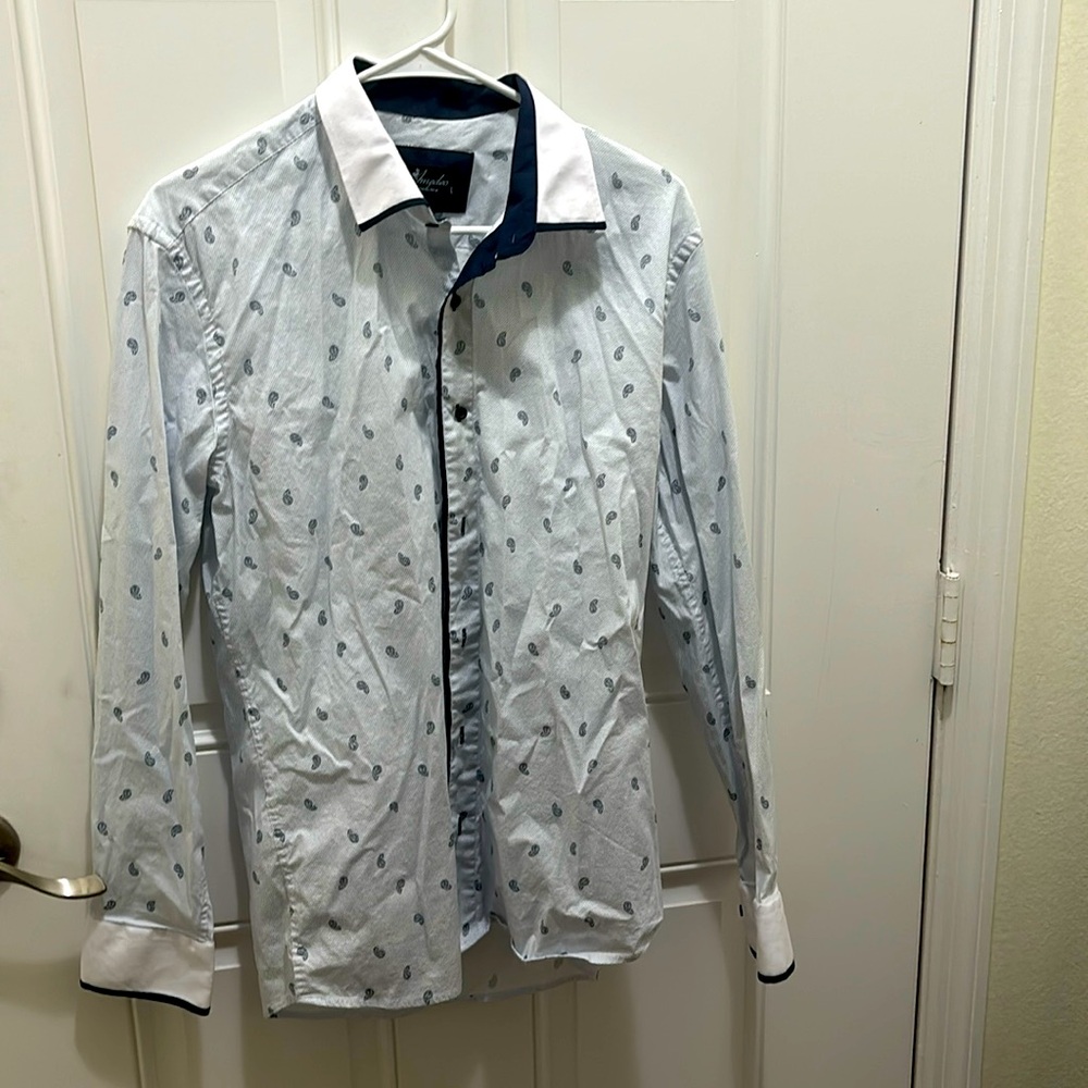 Men’s large Amedeo Exclusive Button Up White, Navy, Blue Shirt